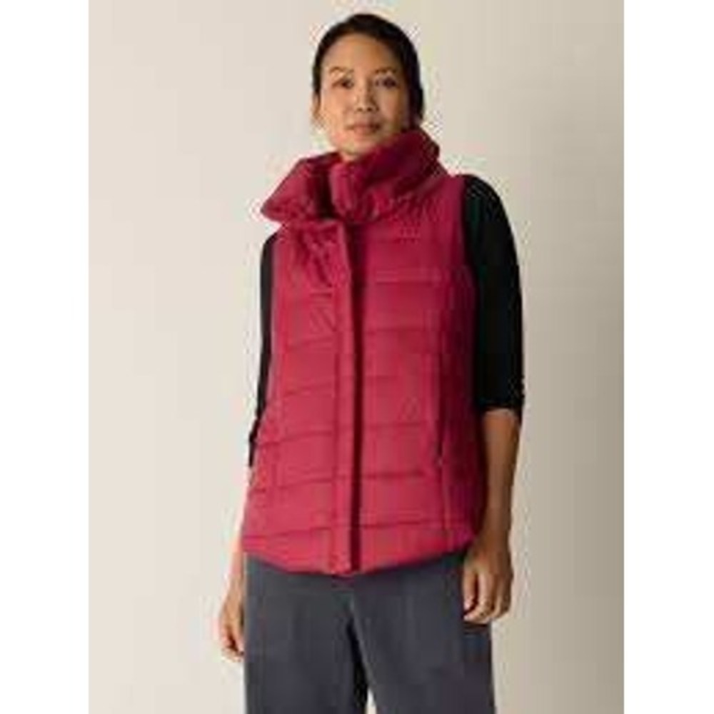 Eileen Fisher Red Down Puffer Vest Funnel Neck Quilted‎ Small R2NS-2